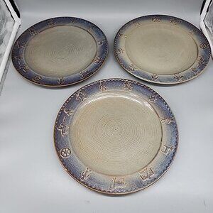 Set Of 3 Dinner Plates Tienshan Pueblo Blue Embossed Edges Stoneware